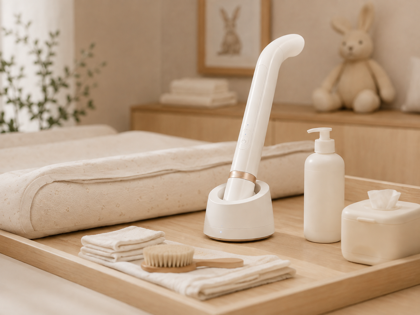 VELLA docked on a changing table beside baby lotion and a brush.