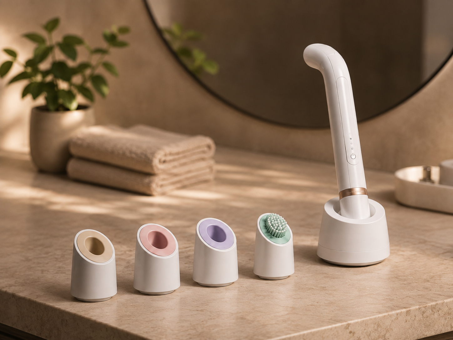 Four colour-coded hygiene heads lined up beside the docked VELLA device.